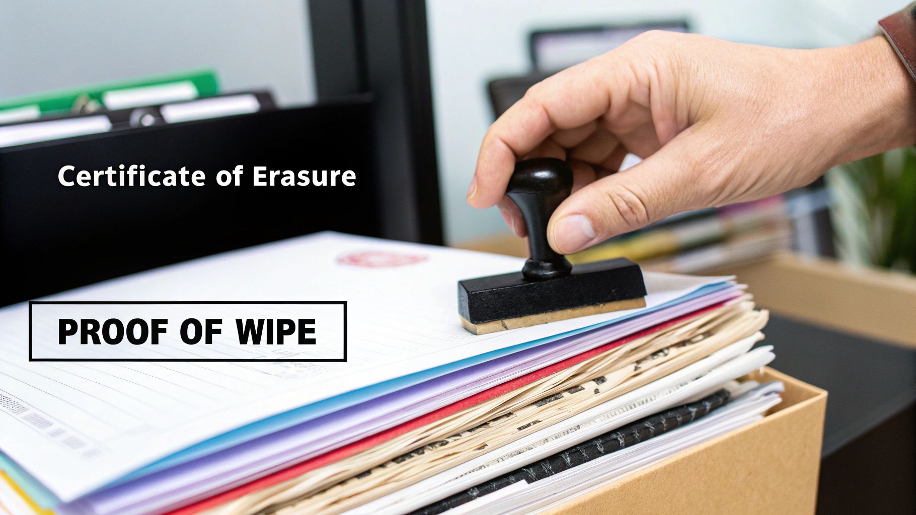 A person's hand stamps a document labeled 'Certificate of Erasure' and 'PROOF OF WIPE' on a stack of papers.