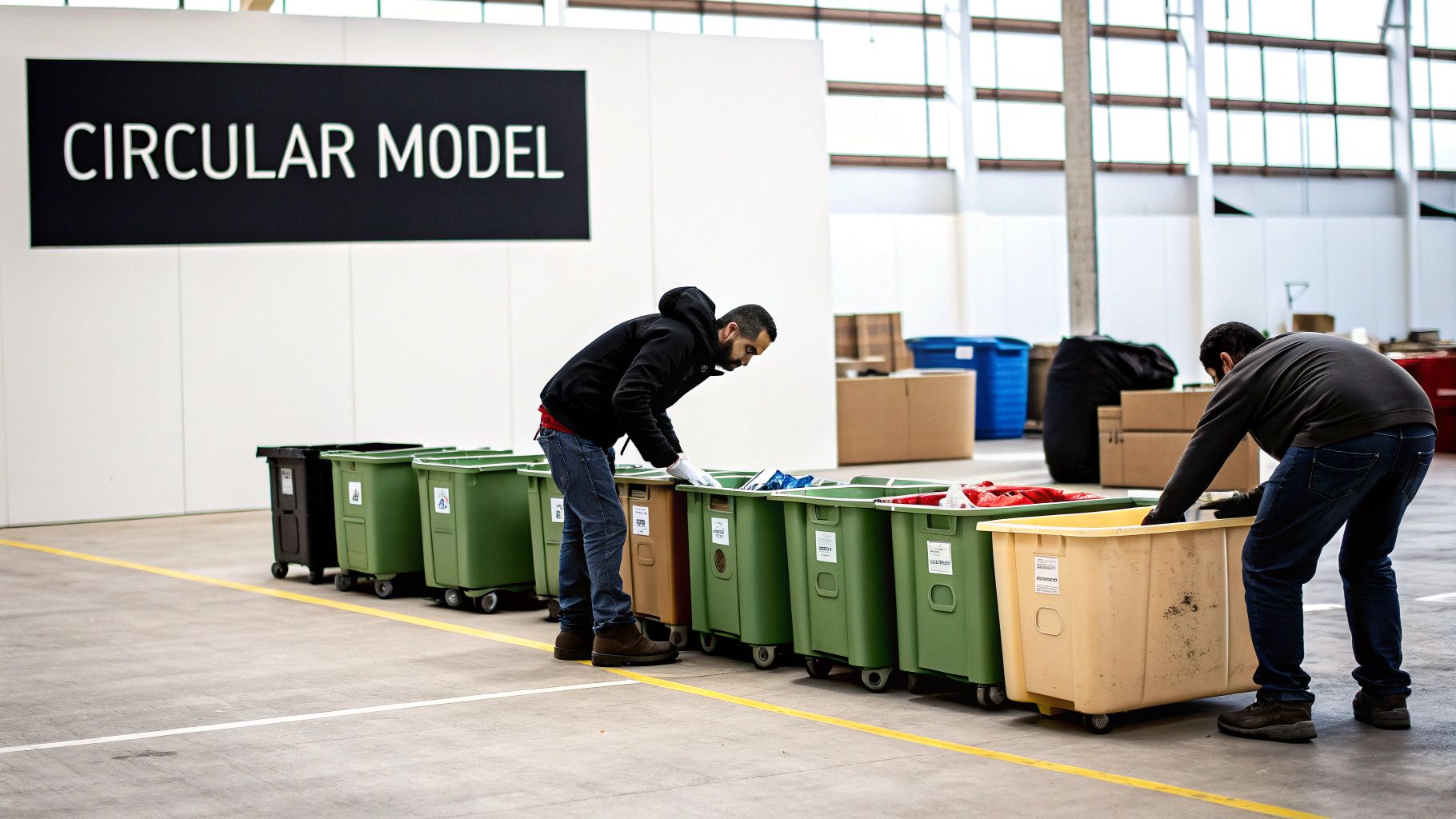 Two men sort materials into various recycling bins under a 'CIRCULAR MODEL' sign.