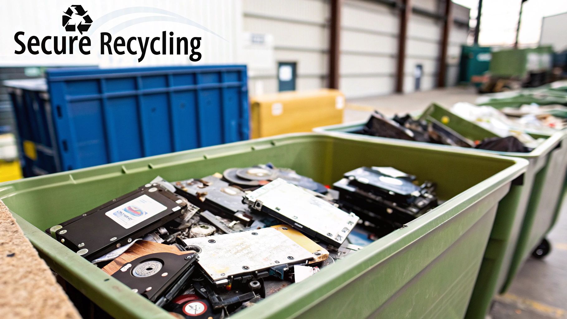 Green recycling bins overflowing with old hard drives and electronic waste in a secure facility.