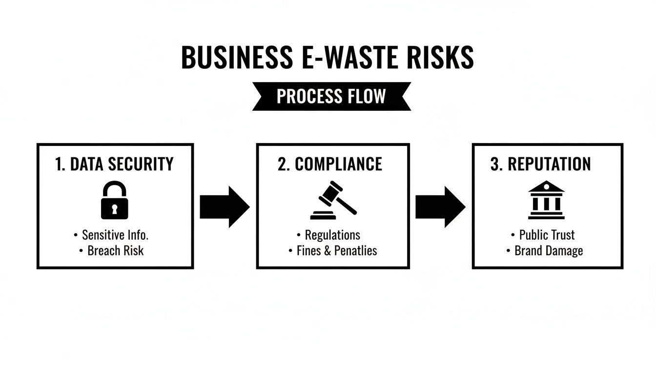 Flowchart illustrating business e-waste risks, showing data security, compliance, and reputation as sequential impacts.