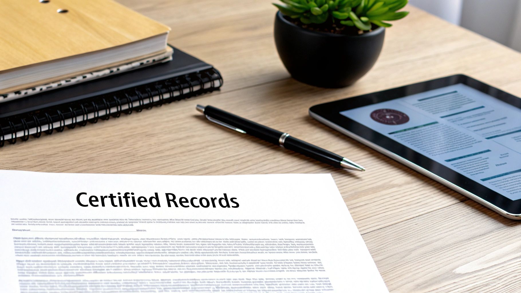 A document titled "Certified Records" on a wooden desk with a pen, tablet, and notebooks.