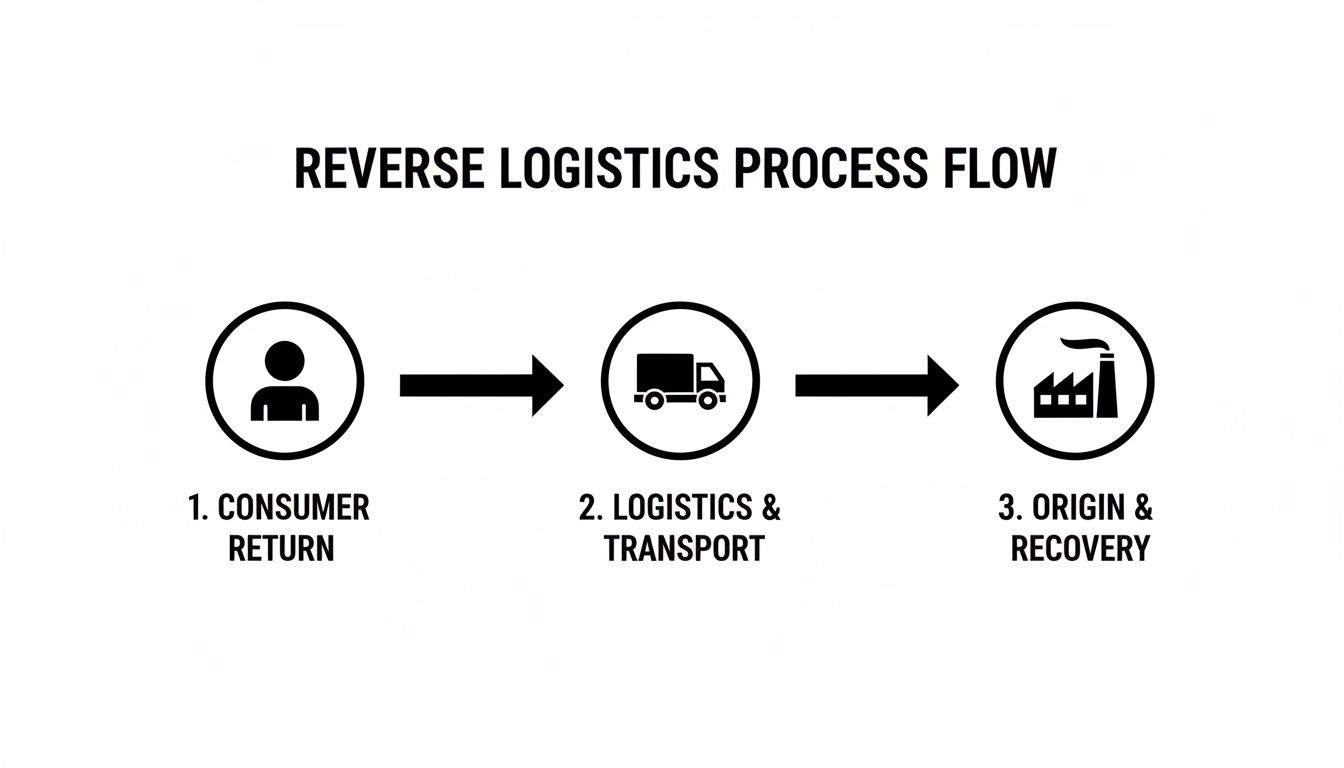 A diagram illustrates the reverse logistics process flow, showing consumer return, logistics and transport, and origin and recovery.