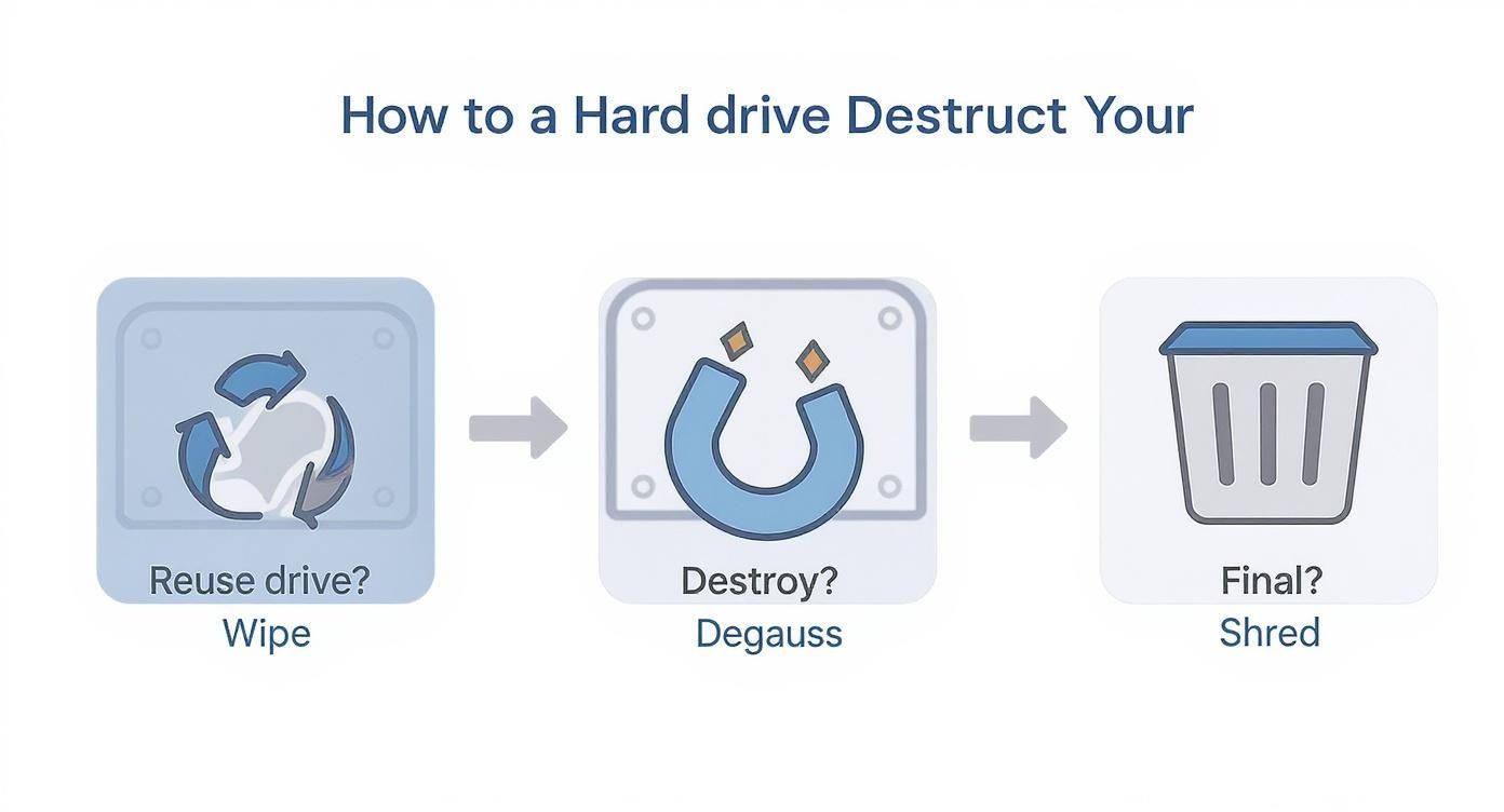 Flowchart illustrating three options for hard drive disposal: wipe for reuse, degauss to destroy, or shred for final destruction.
