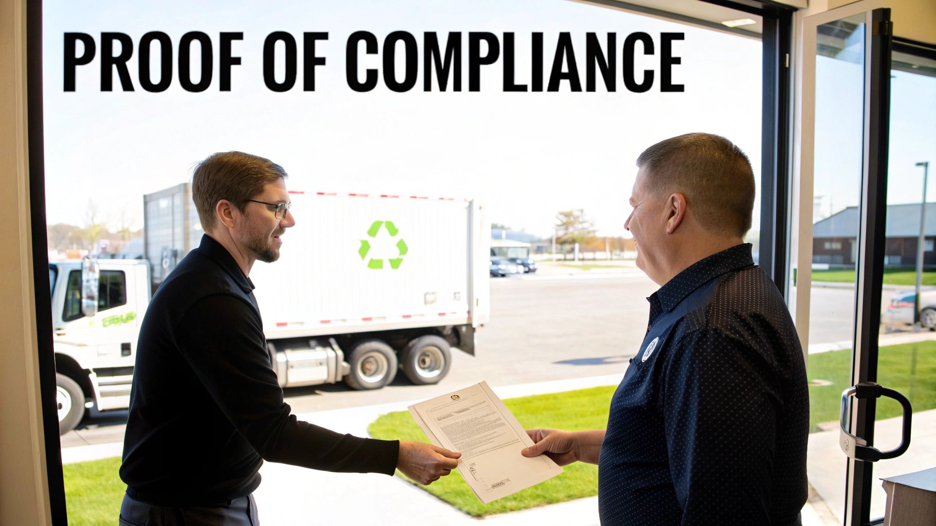 Two men exchange 'Proof of Compliance' documents, with a recycling truck outside.