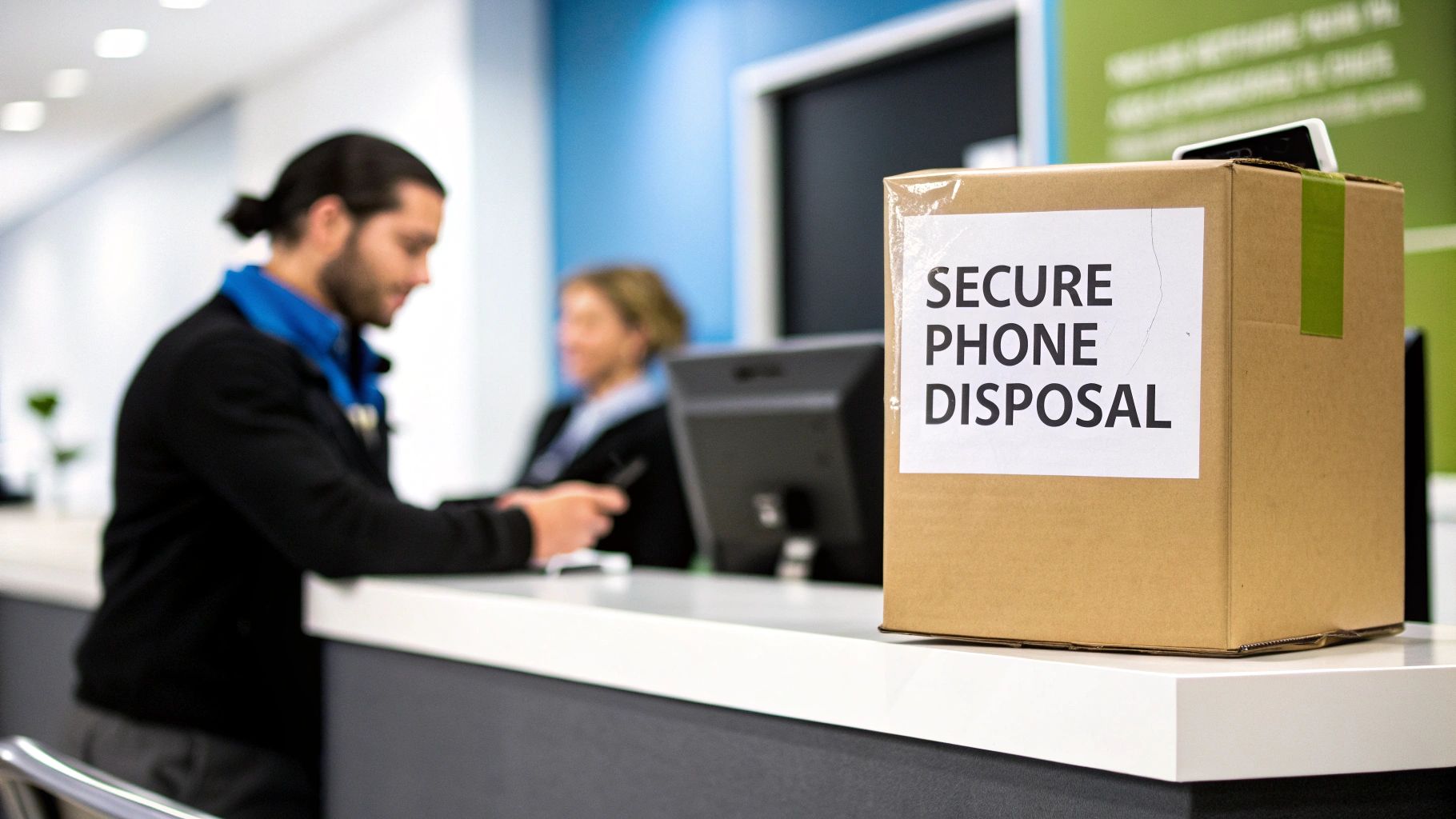 A "Secure Phone Disposal" box on a counter with a man and woman blurred in the background.