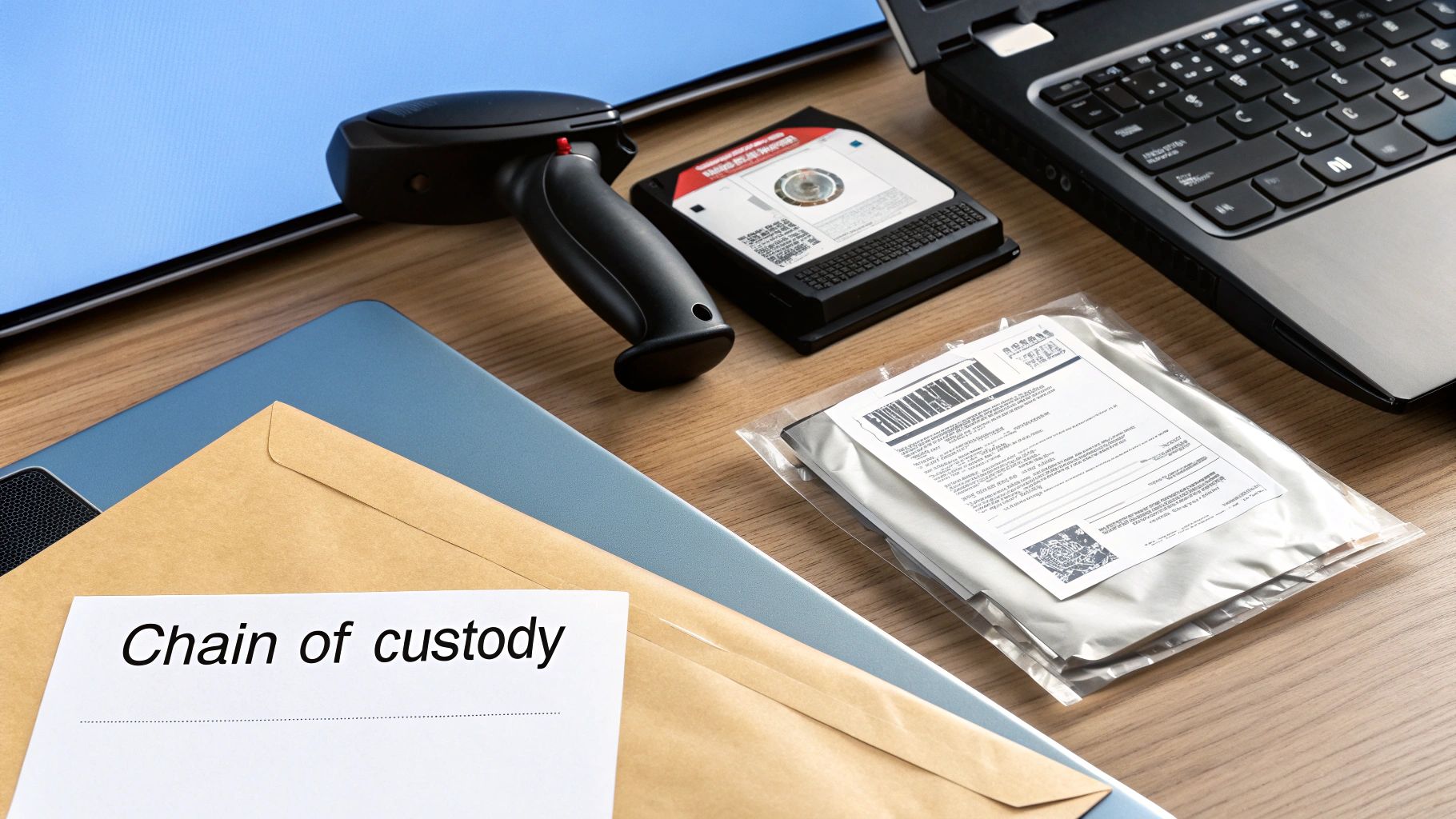 A desk with a hard drive, barcode scanner, laptop, and chain of custody documents for digital forensics.