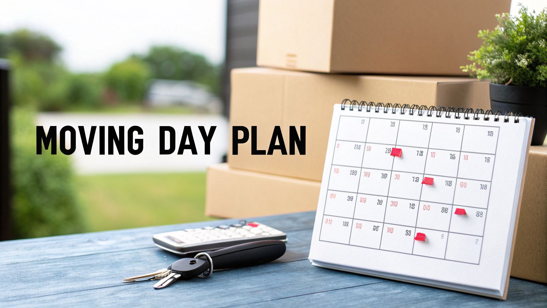 Moving day plan text, a calendar with dates, keys, calculator, and boxes on a table.