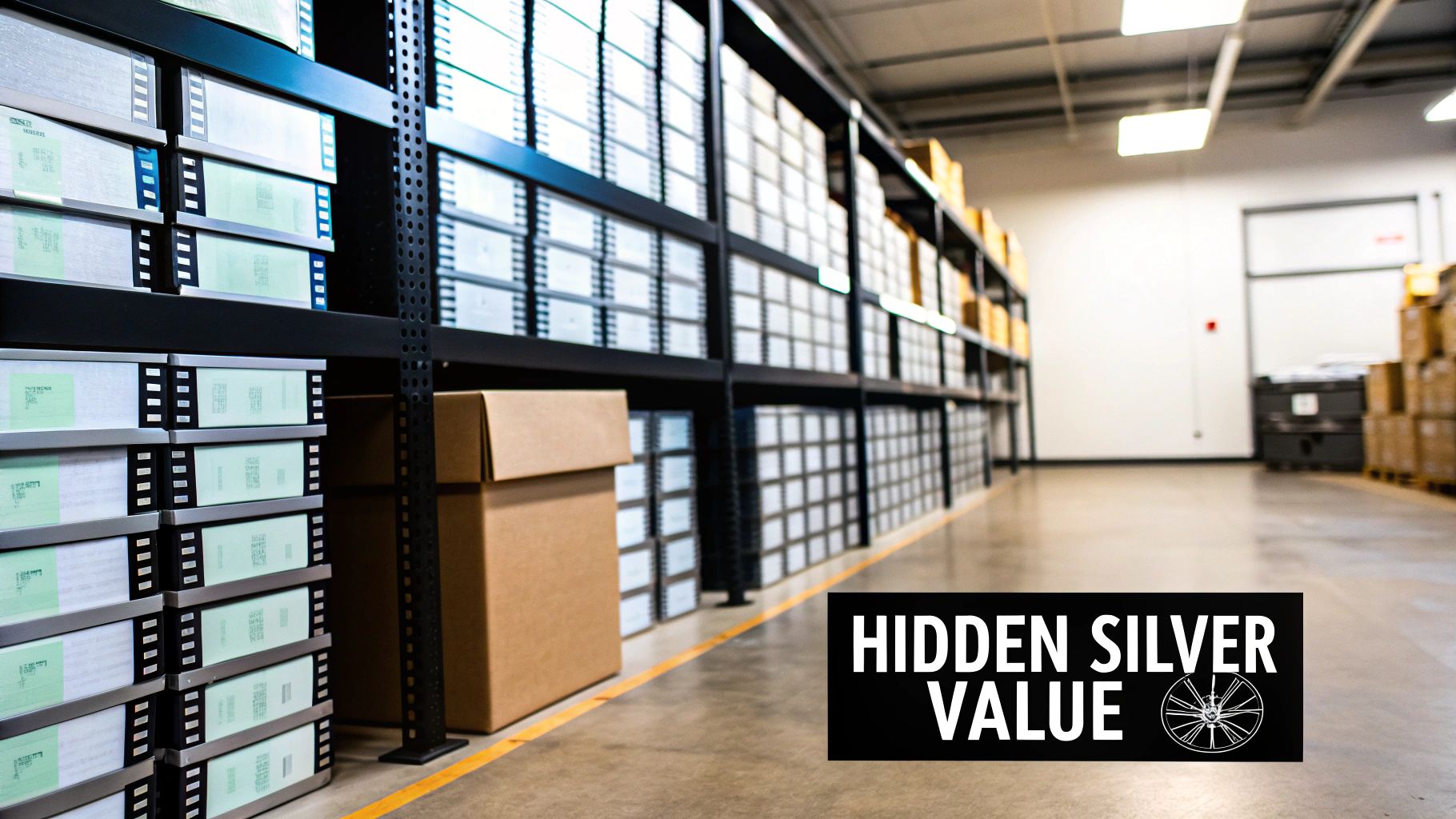 A long warehouse aisle with black shelves stacked high with countless boxes, some with green labels.