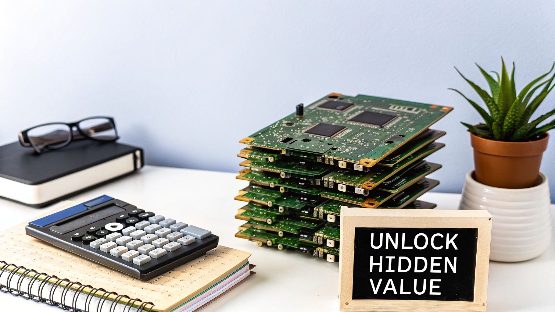 A stack of green electronic circuit boards next to a calculator and a sign saying 'UNLOCK HIDDEN VALUE'.