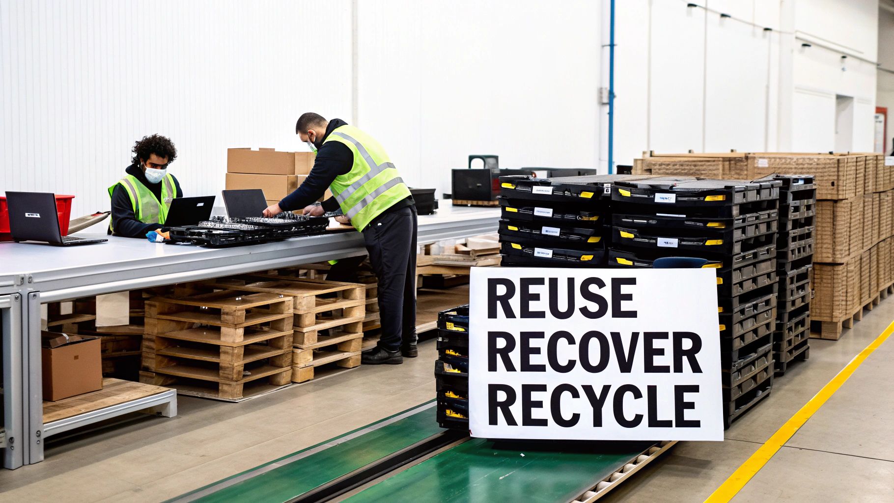 Two workers in masks and safety vests processing electronics at a recycling facility.