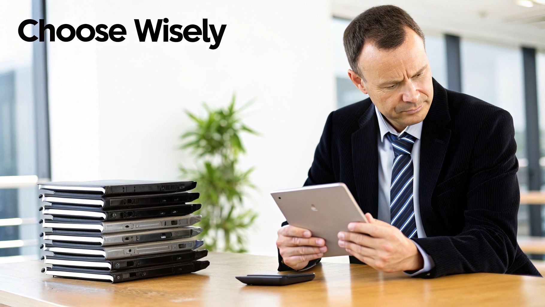 A businessman examines a tablet, choosing between it and a stack of older laptops.