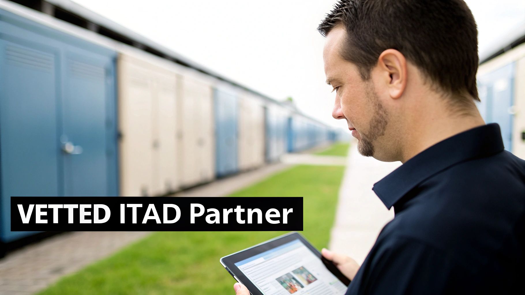 Man looking at a tablet in front of storage units, with 'VETTED ITAD Partner' text.