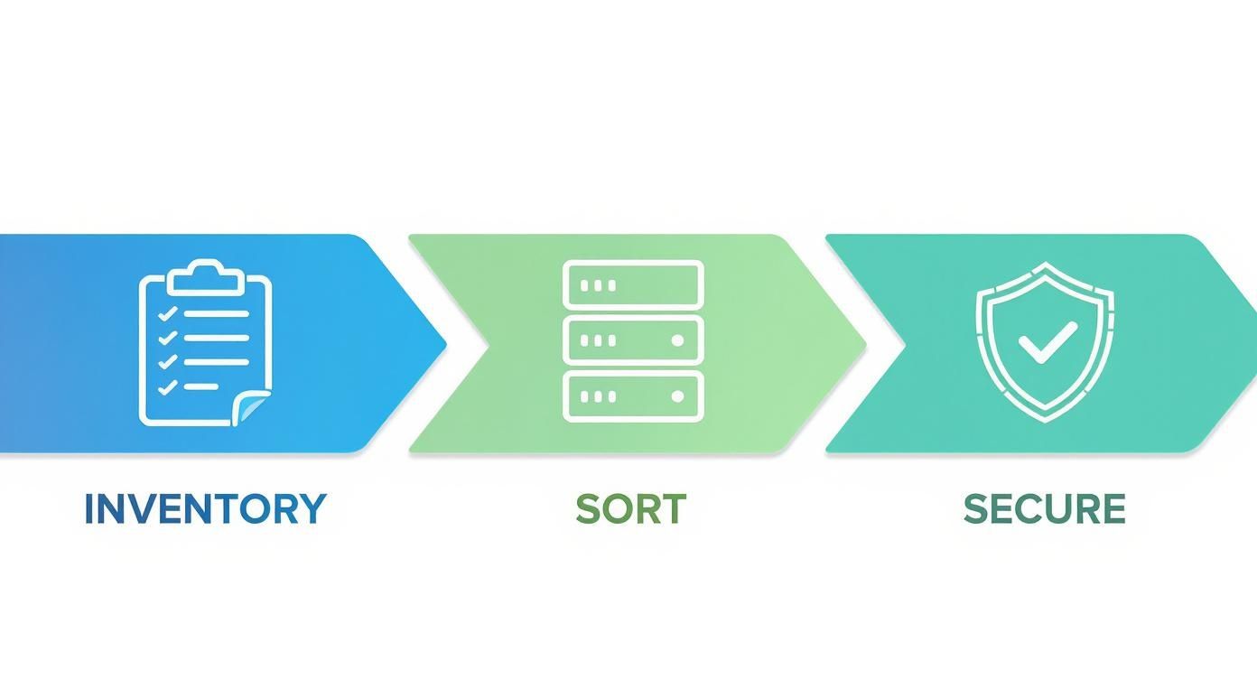 A three-step process infographic with icons for Inventory, Sort, and Secure, depicting a workflow.