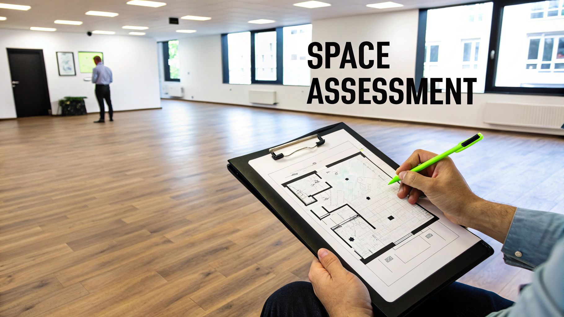 Person reviewing a floor plan on a clipboard in an empty, large room during a space assessment.