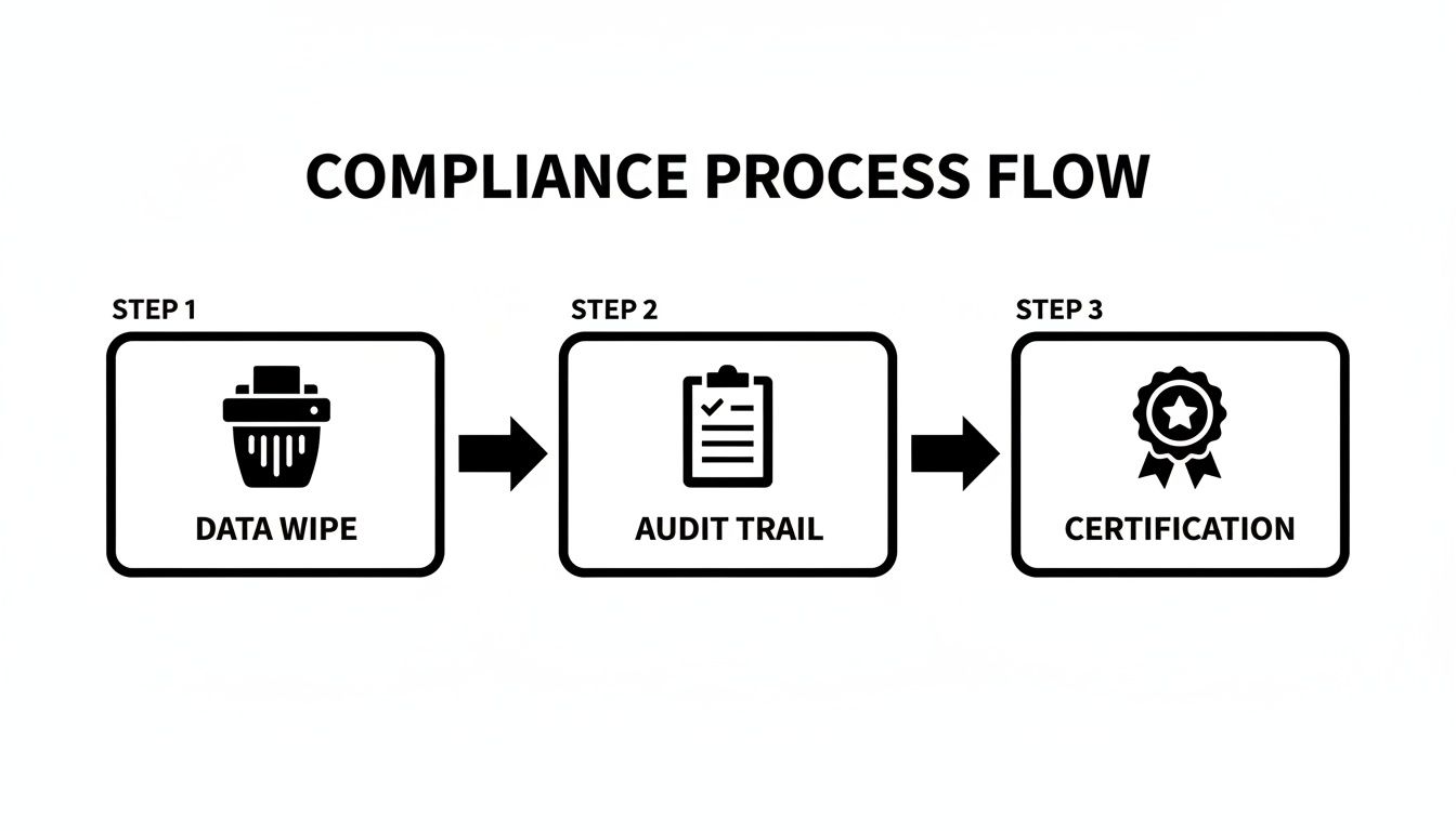 A three-step compliance process flow illustrating data wipe, audit trail, and certification stages.