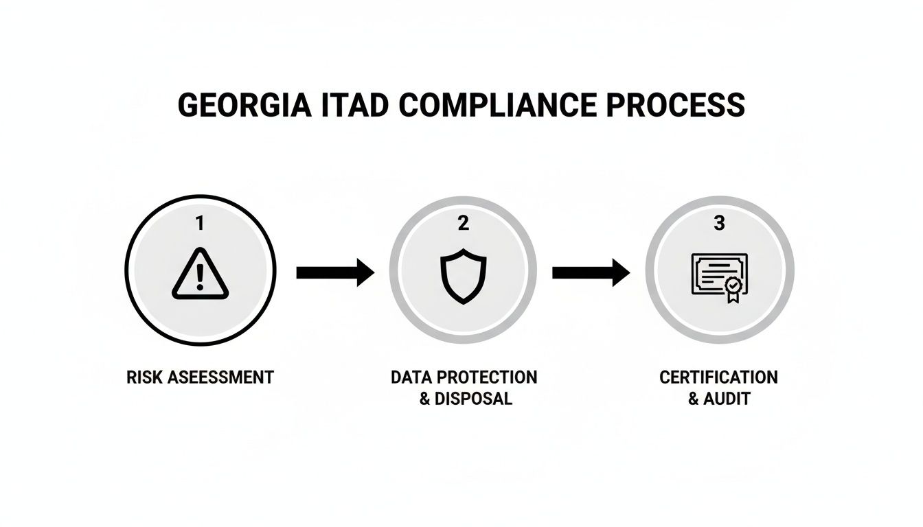 Georgia ITAD compliance process infographic illustrating risk assessment, data protection and disposal, and certification and audit steps.