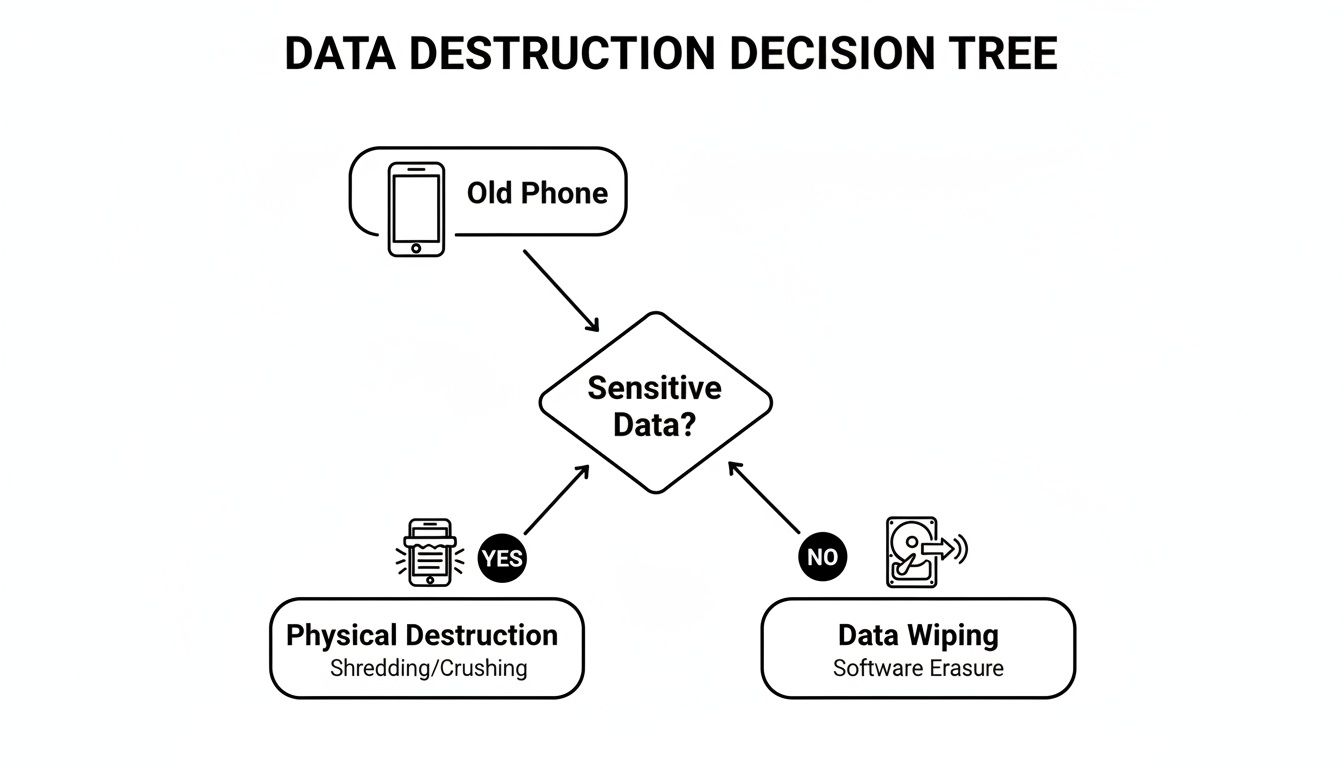 A data destruction decision tree for old phones: sensitive data leads to physical destruction, non-sensitive to data wiping.