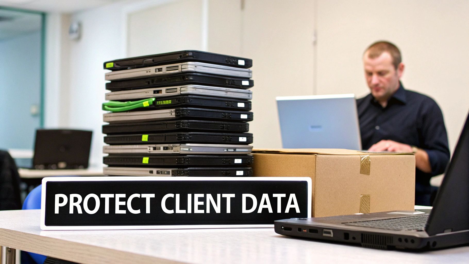 A stack of laptops next to a 'PROTECT CLIENT DATA' sign, with a man working on a laptop in the background, symbolizing data security.