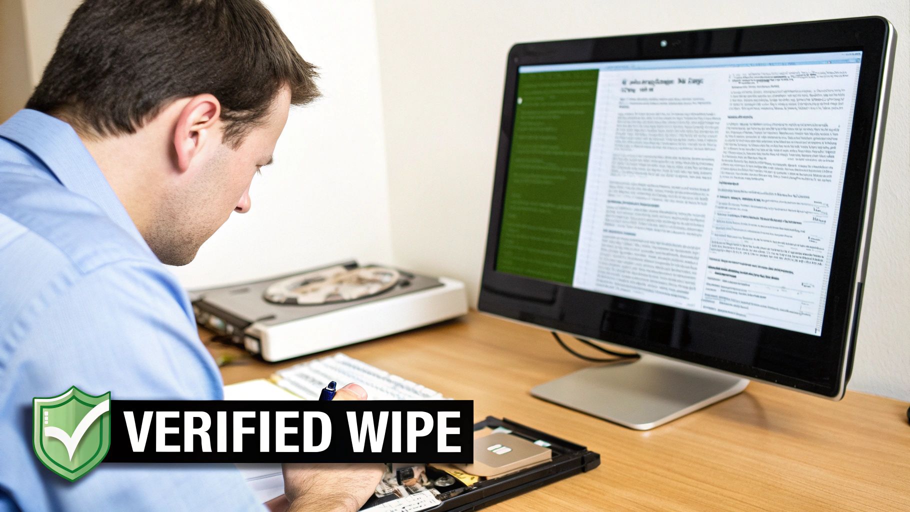 A man performs a verified data wipe on a computer hard drive at a desk.