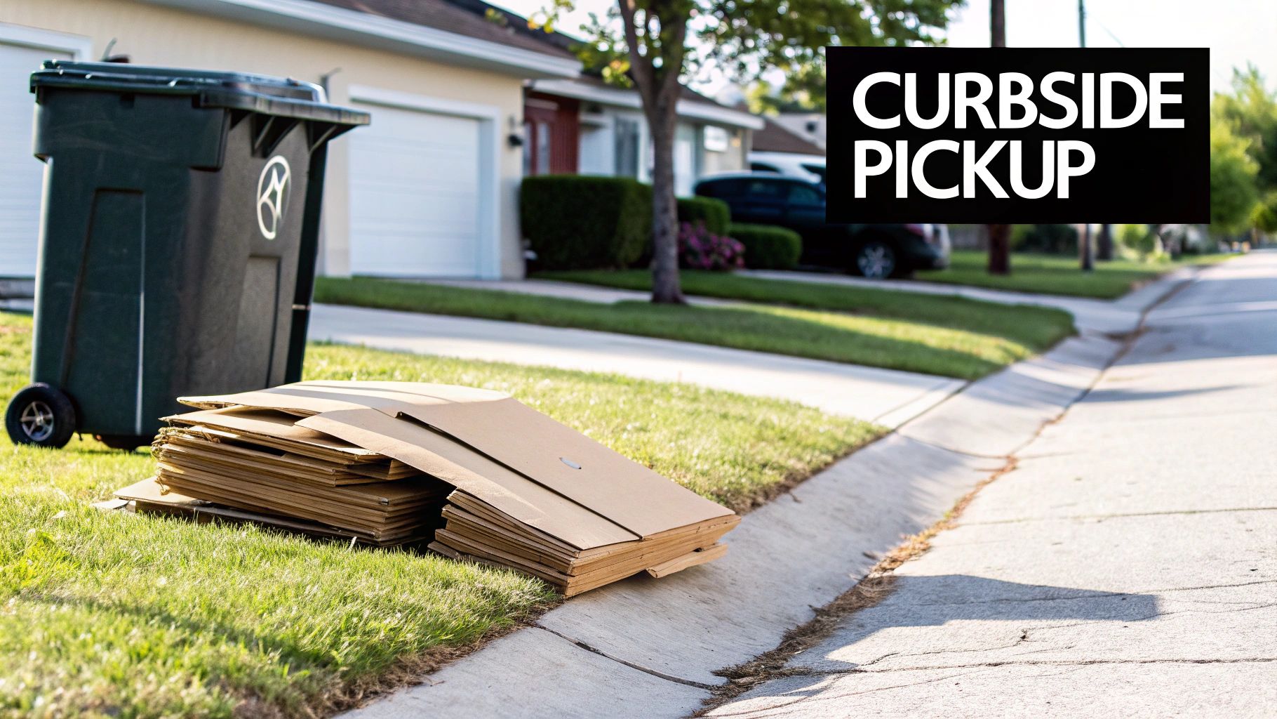 A dark green recycling bin and flattened cardboard boxes on a curb for curbside pickup.
