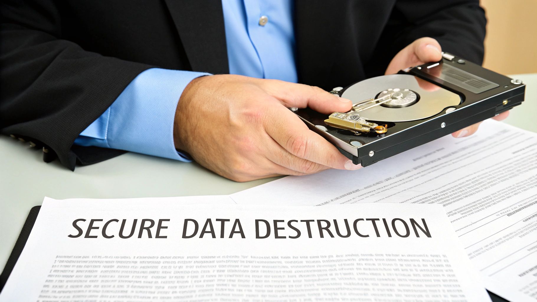 A person in a business suit holds an open hard drive over a document about secure data destruction.