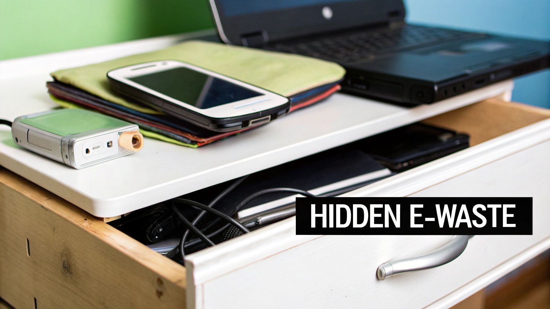 A massive pile of discarded electronics, including computers, keyboards, and monitors, illustrating the scale of e-waste.