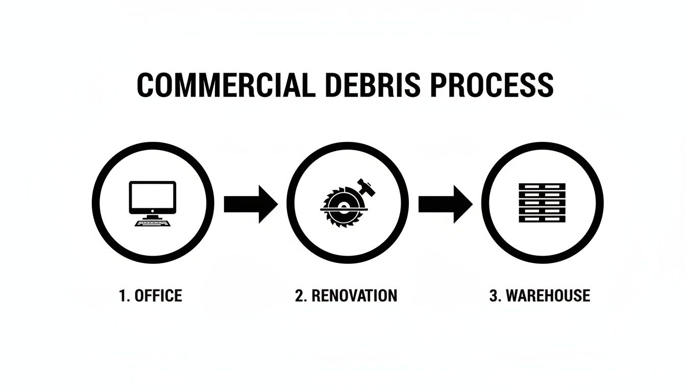 Flowchart illustrating the commercial debris removal process from office and renovation to warehouse storage.