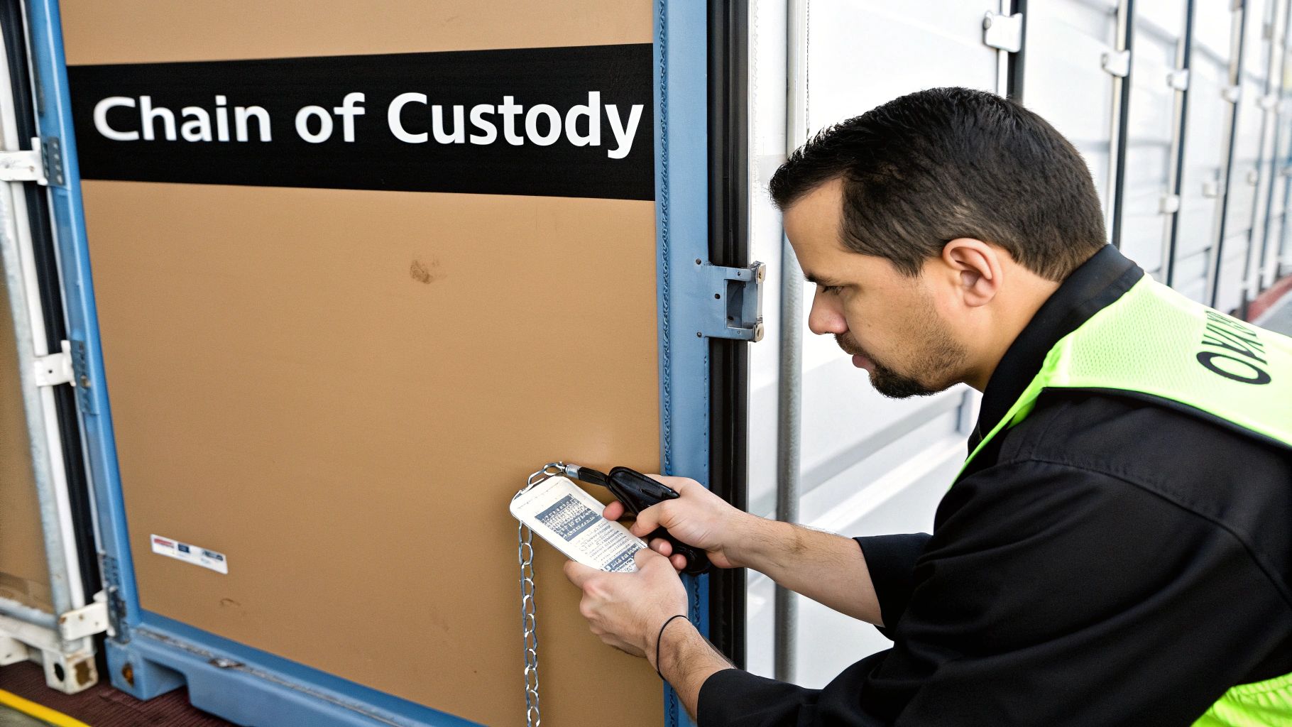 A worker scans a 'Chain of Custody' container, ensuring secure logistics and data protection.
