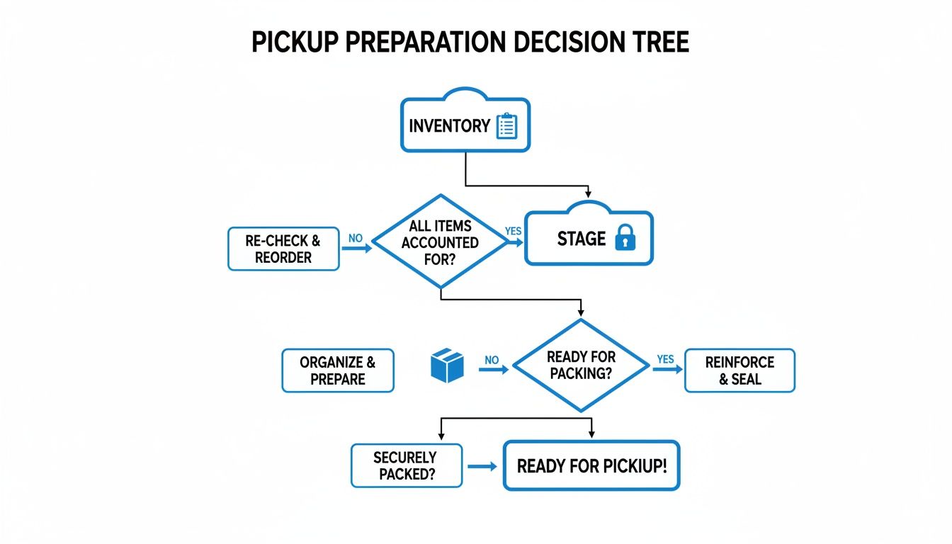 A flowchart detailing the pickup preparation decision tree, outlining steps from inventory to final packing.