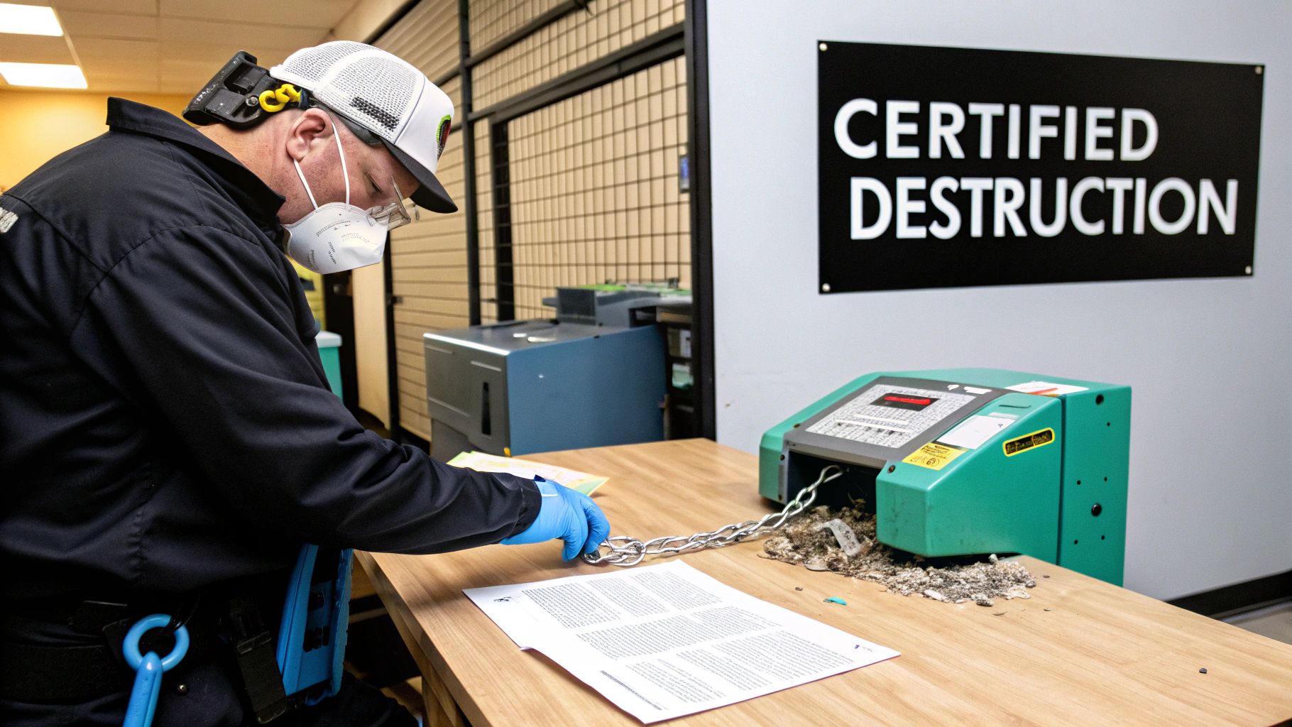 A masked worker in blue gloves supervises a green machine shredding a metal chain, under a 'Certified Destruction' sign.