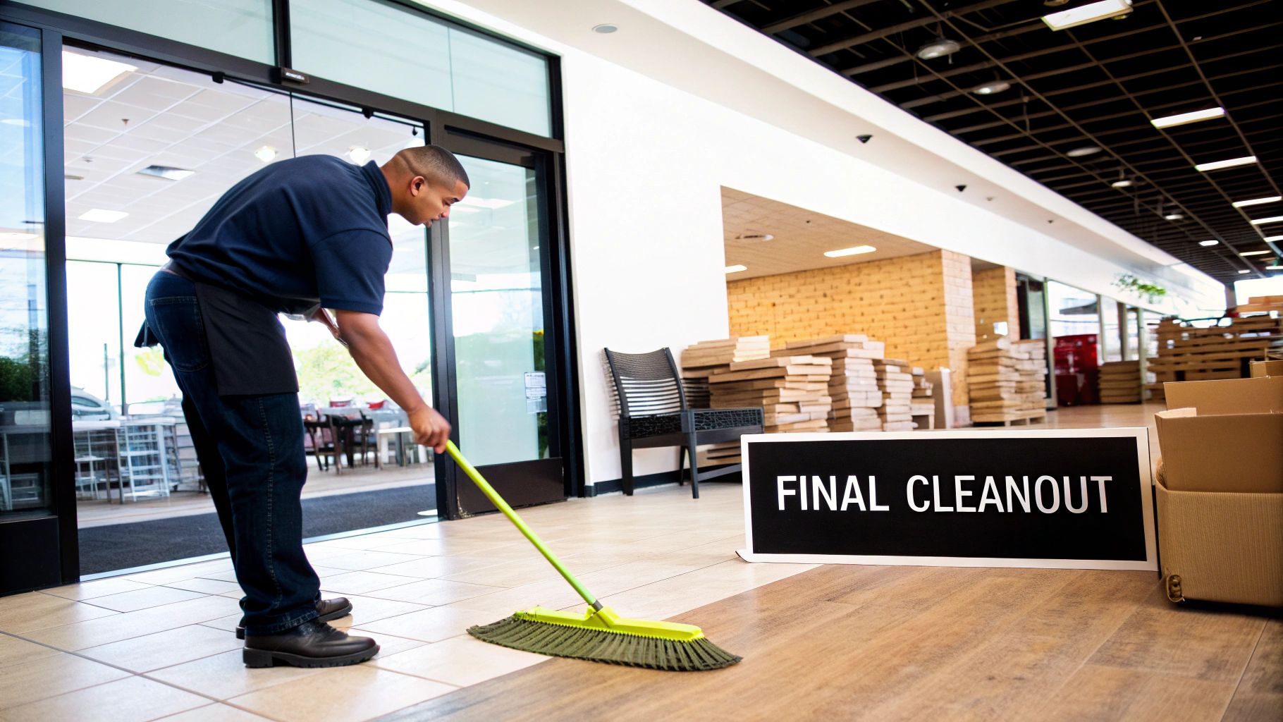 Person sweeping an empty retail space during a final cleanout
