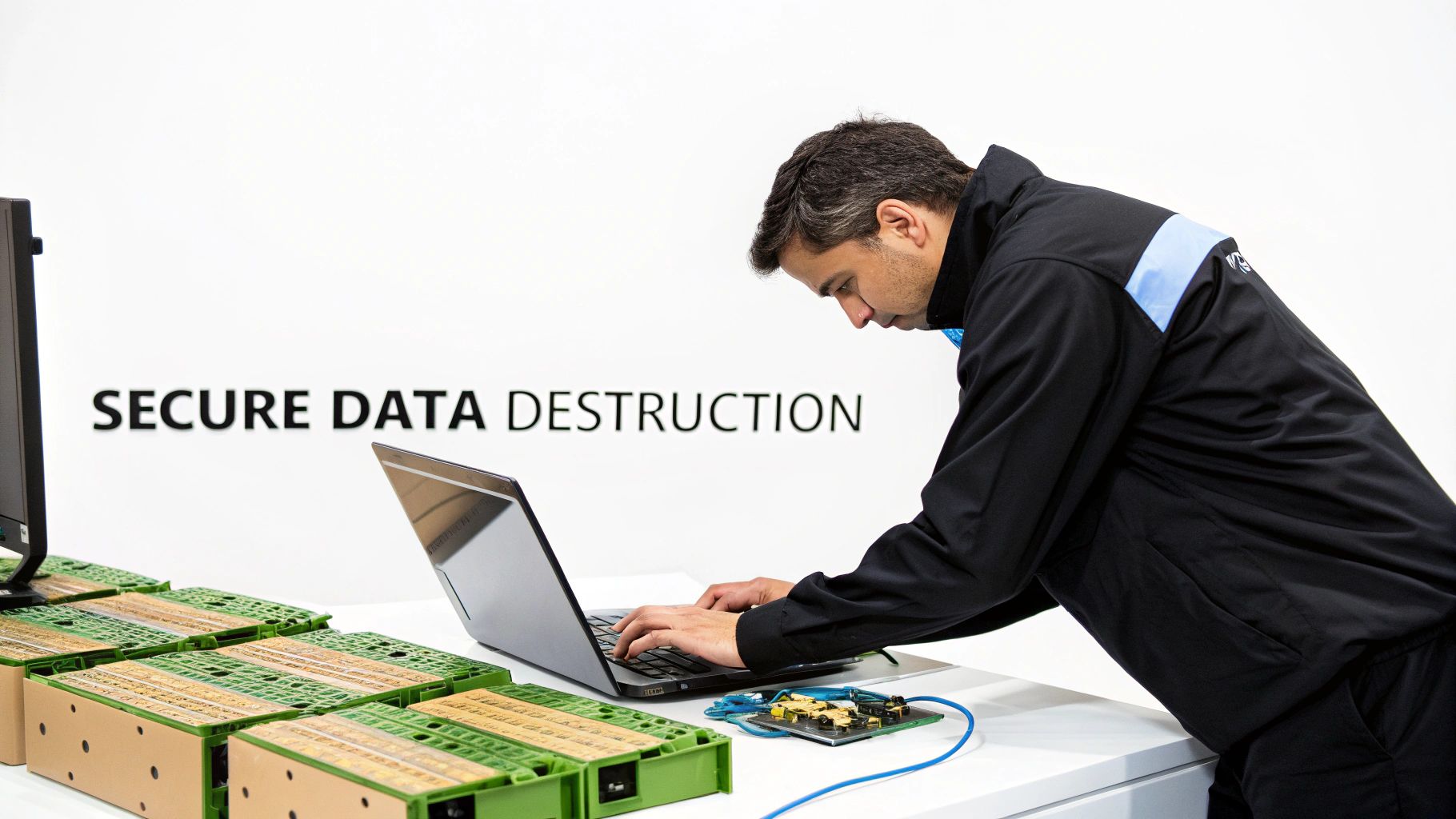 A man works on a laptop next to battery modules and a circuit board, with "SECURE DATA DESTRUCTION" text.