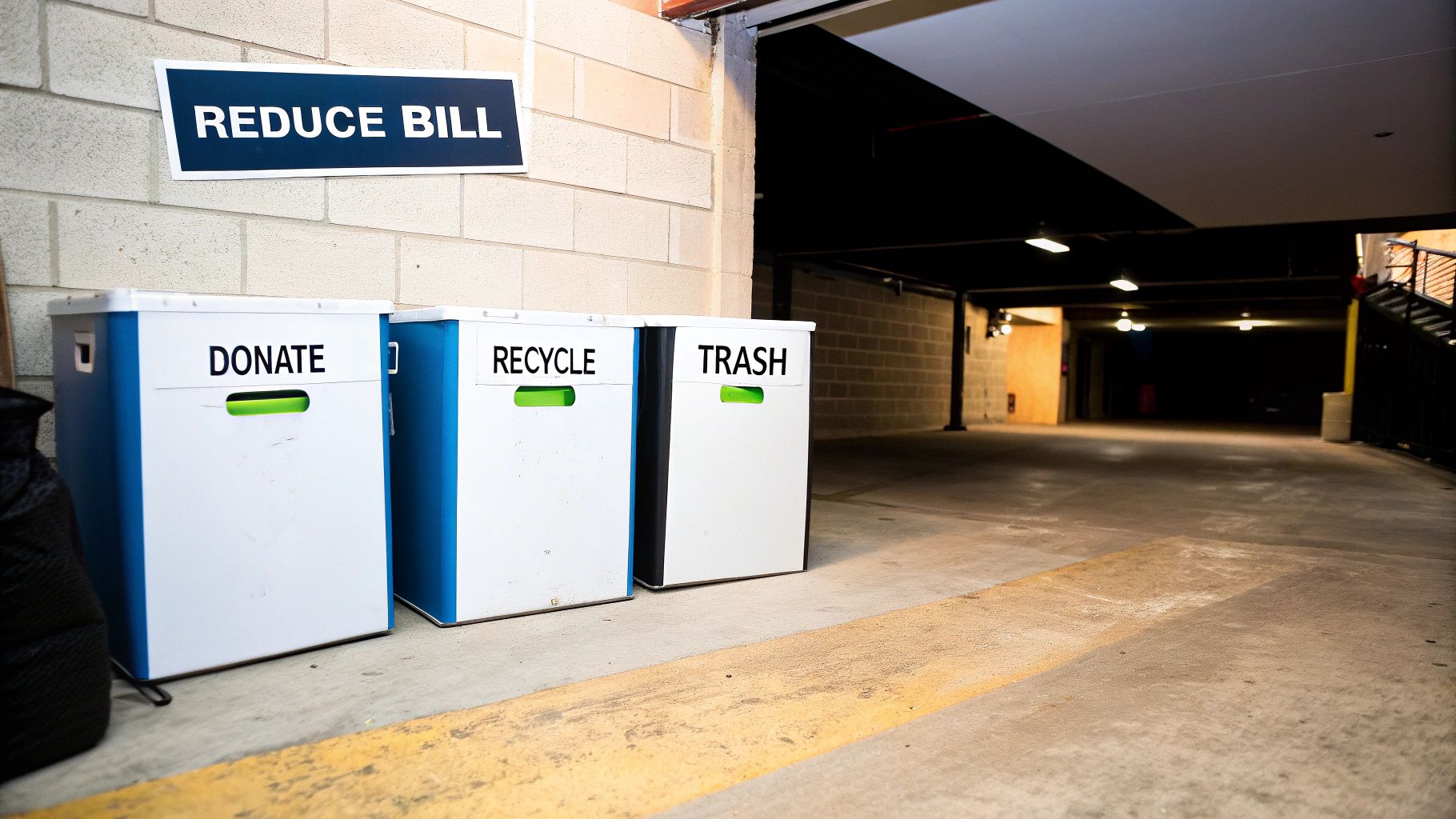 A person sorting items in a basement into different piles for removal