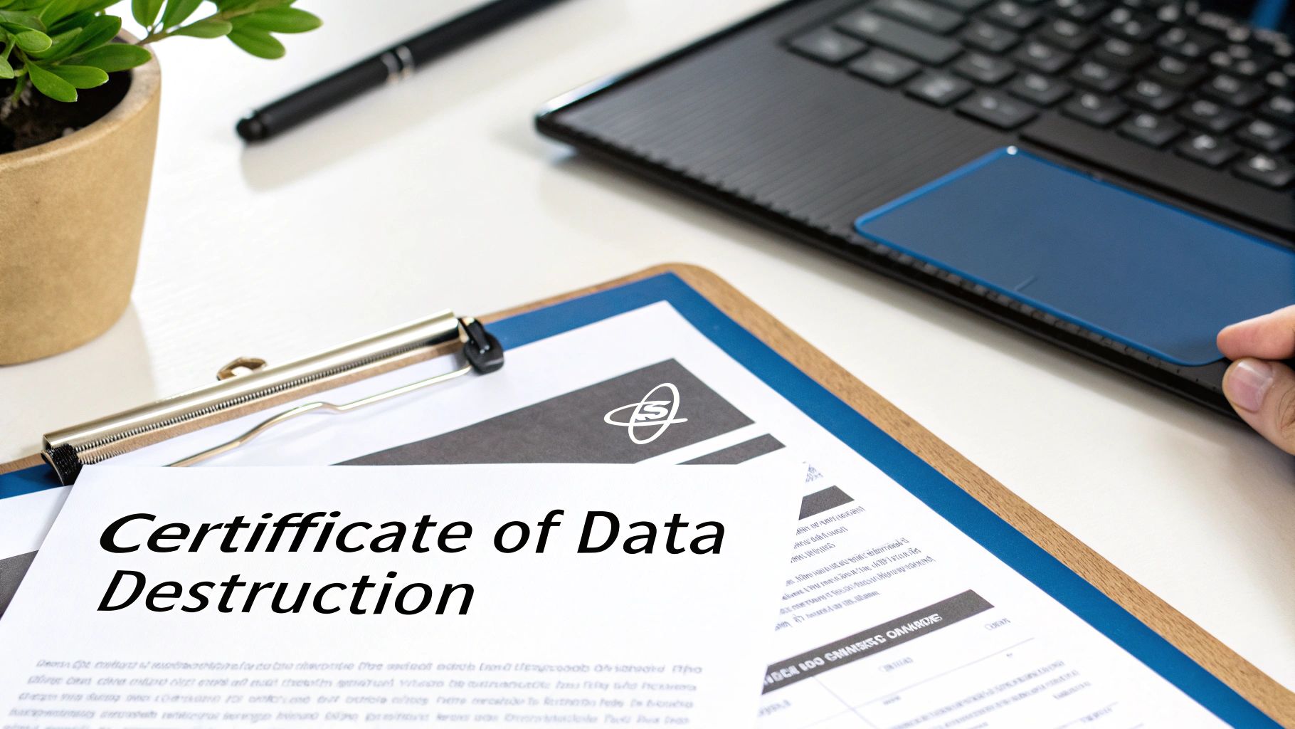A 'Certificate of Data Destruction' document is displayed on a clipboard on a desk, with a laptop nearby.