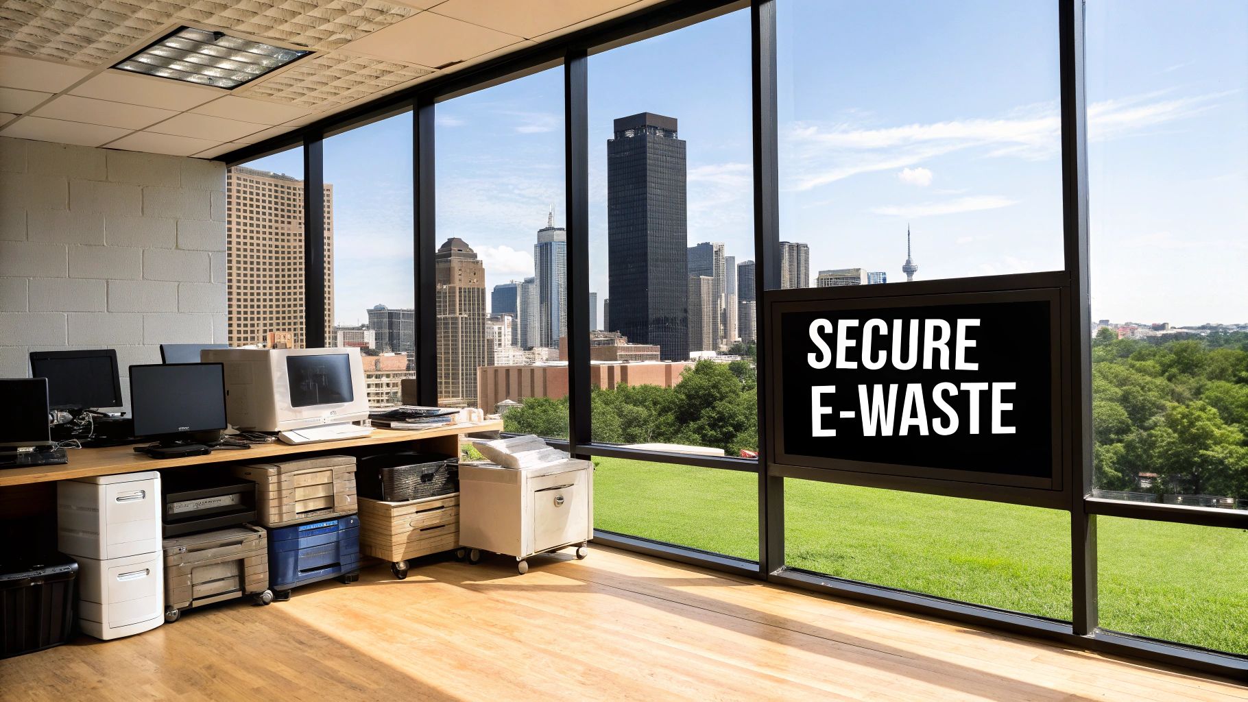 An office desk cluttered with old computers and electronics, with a window displaying 'SECURE E-WASTE' and a city view.