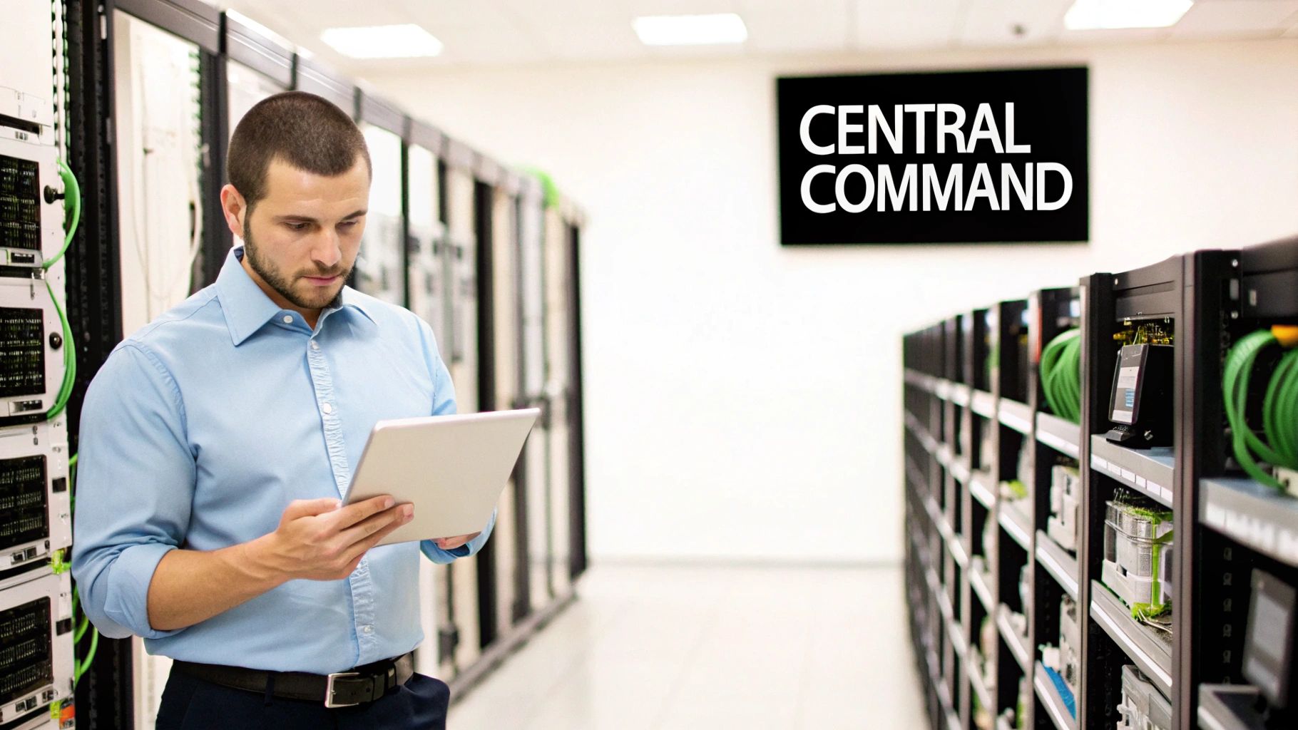 A man in a server room looking at a tablet, surrounded by server racks.