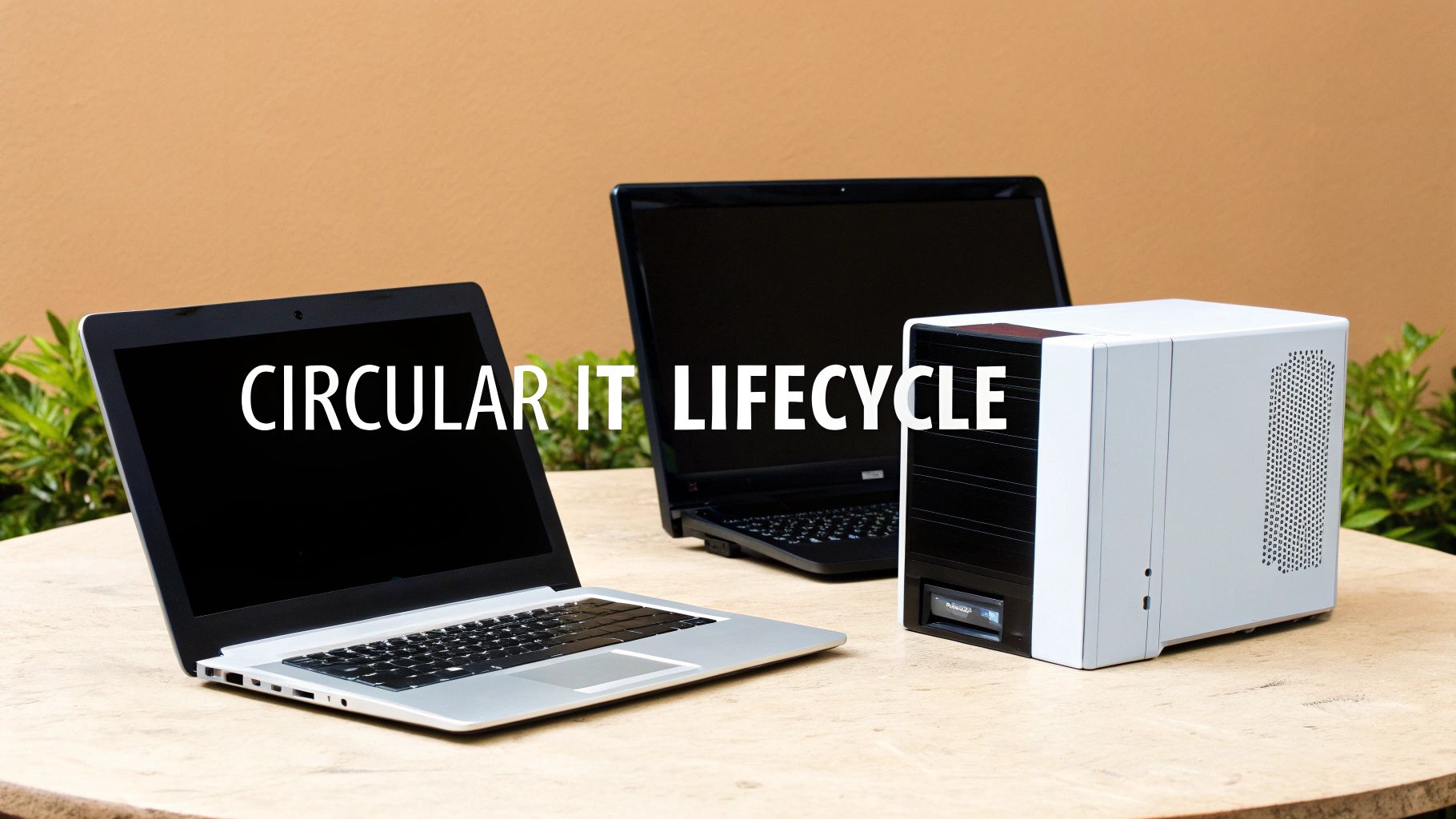 Two laptops and a compact desktop computer on a wooden table, representing circular IT lifecycle.