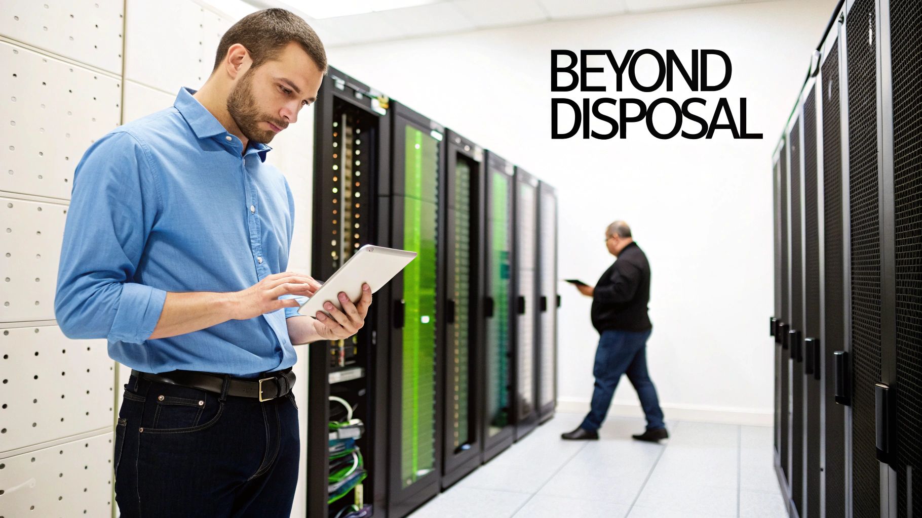 Two men, one in foreground, inspecting server racks with tablets in a modern data center.