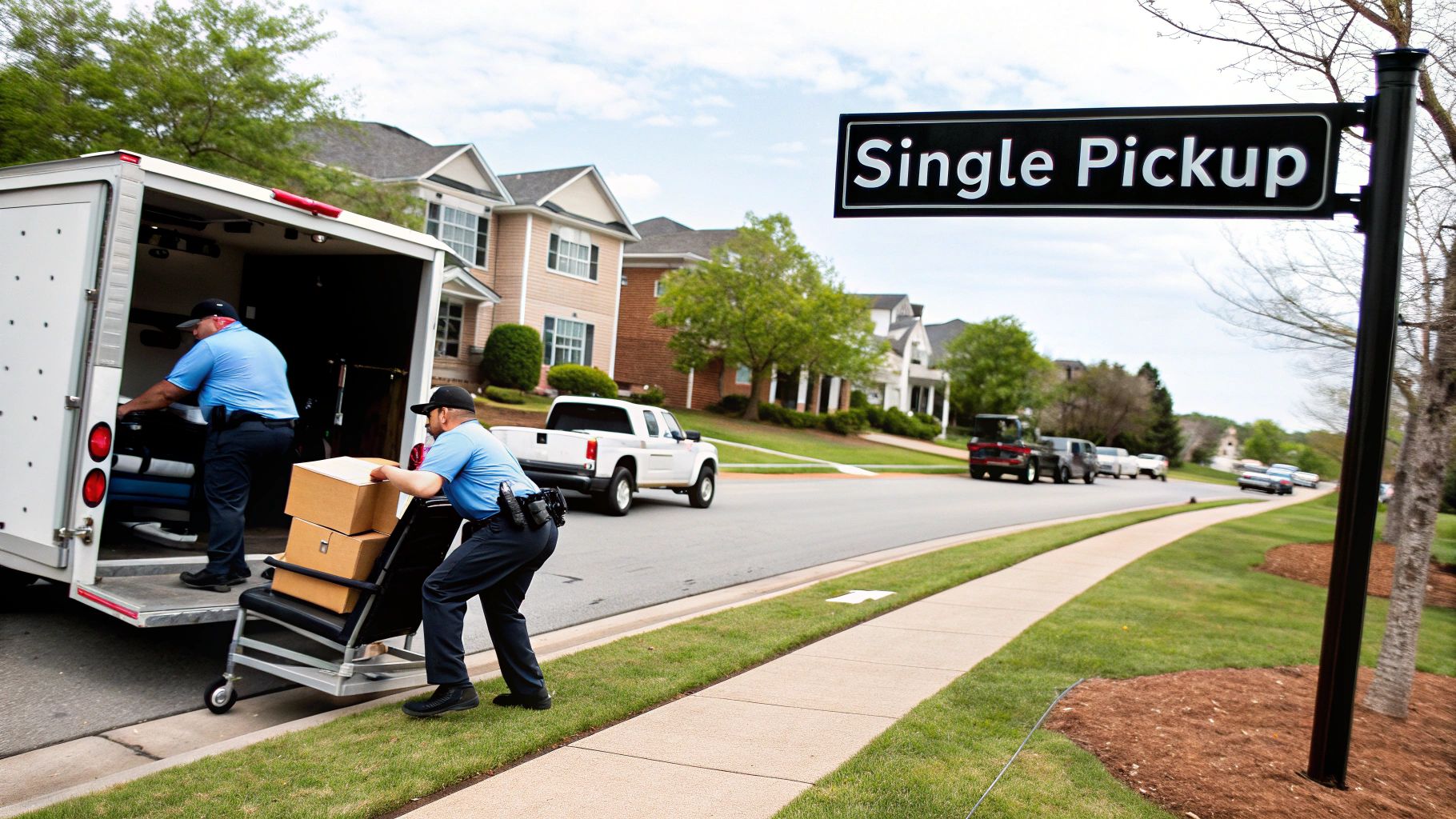 Two workers load brown boxes onto a dolly from a white pickup truck on a residential street.