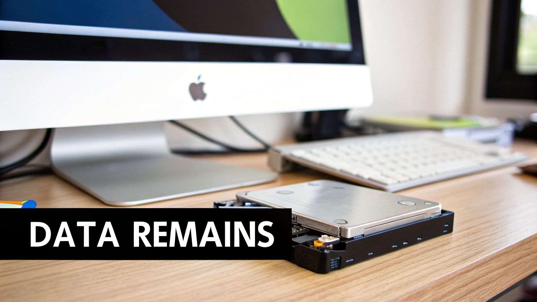 A hard drive in an enclosure on a wooden desk, with an Apple iMac and keyboard in the background, text 'DATA REMAINS'.