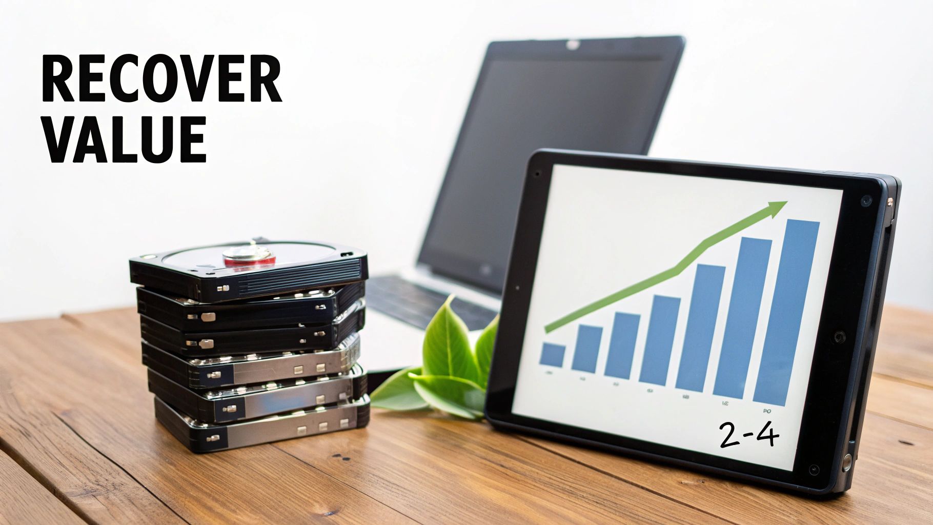 Stack of hard drives, a laptop, and a tablet displaying a growing bar chart with 'Recover Value' text.
