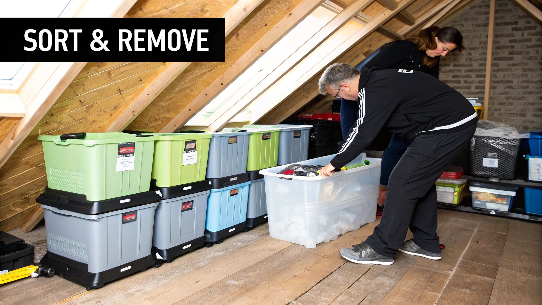 People sorting through boxes and old furniture in a well-lit attic.