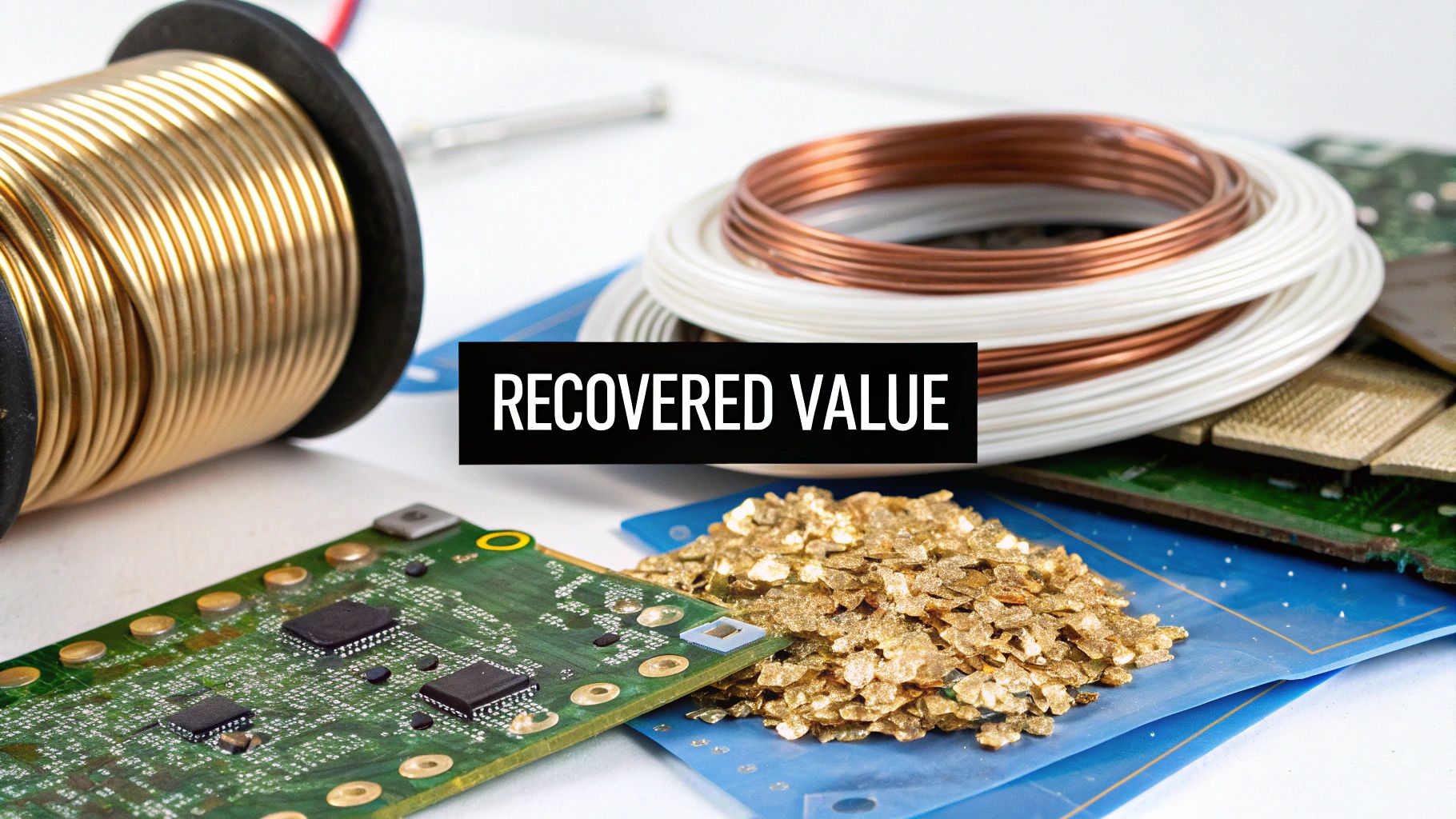 A close-up shot of a circuit board highlighting the gold and copper components, symbolizing the valuable materials inside e-waste.