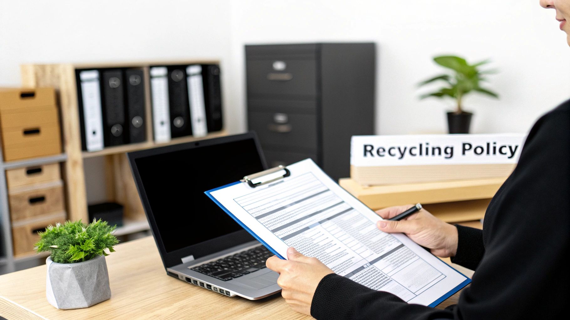 A person reviews a document on a clipboard, with a laptop and a 'Recycling Policy' sign visible.