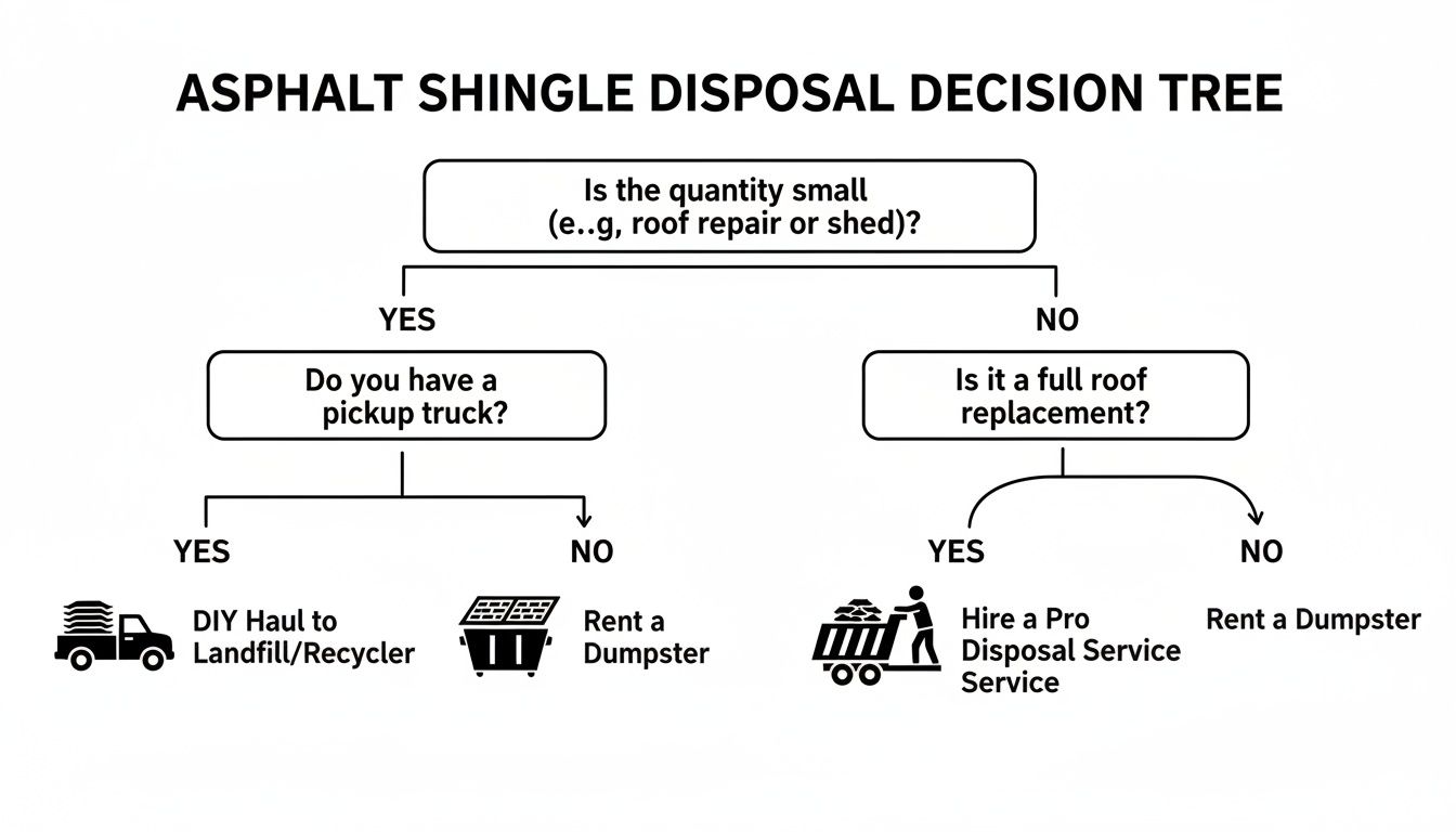 A decision tree flowchart guiding users on asphalt shingle disposal based on quantity and resources.