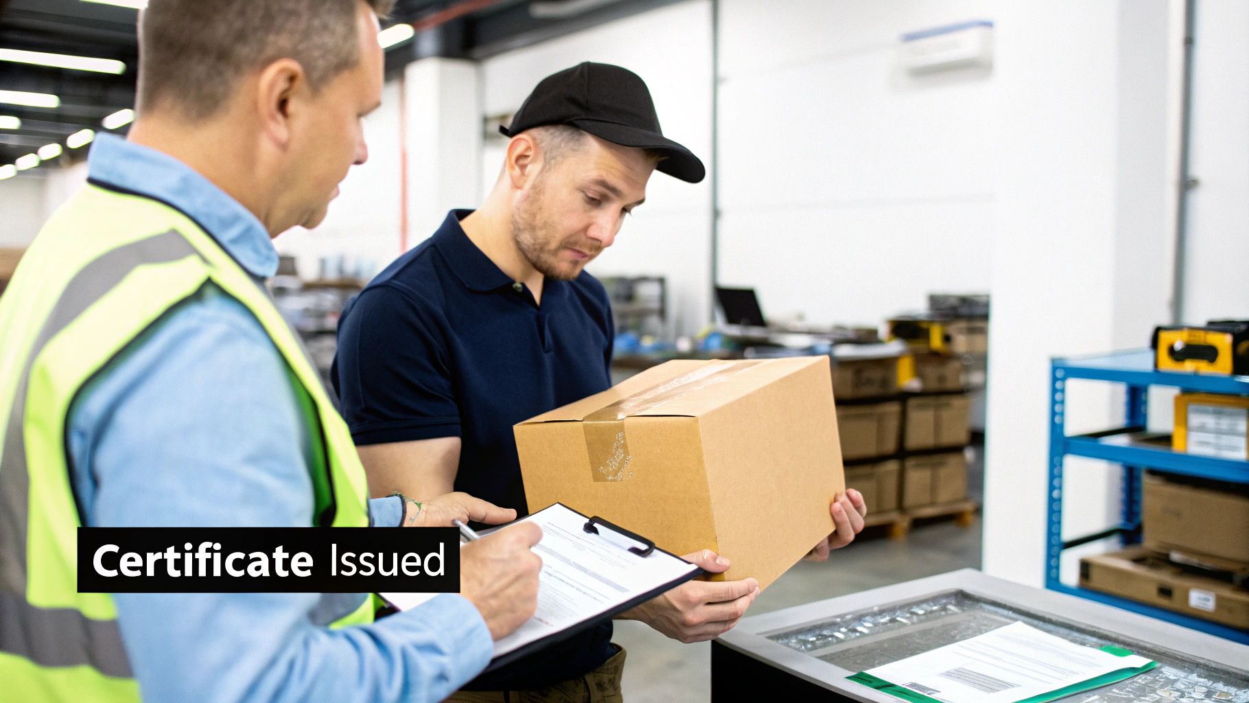 Two men in a warehouse manage a package and sign a document, indicating a certificate issued.