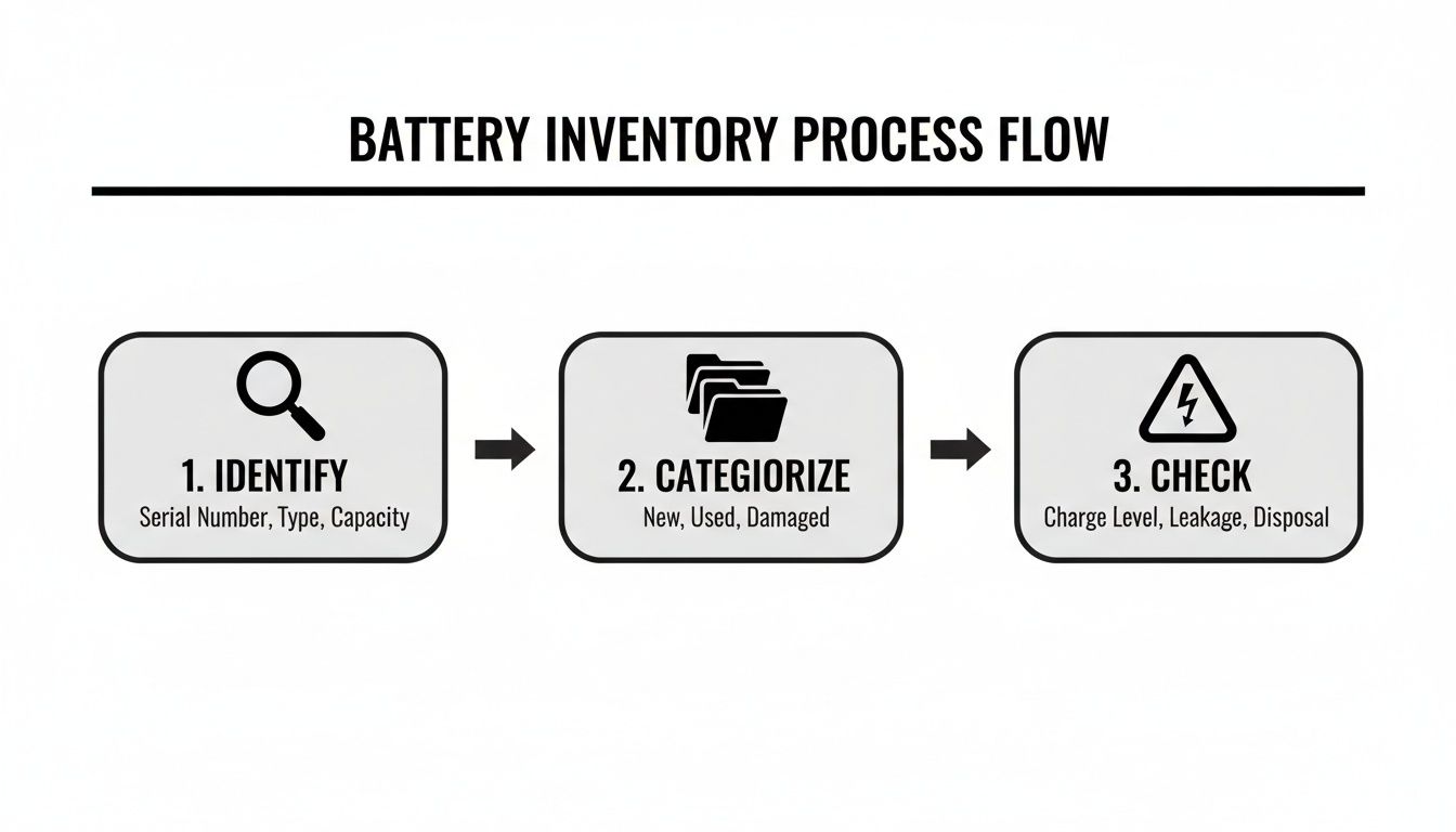 A flow diagram illustrating the battery inventory process with steps: identify, categorize, and check.