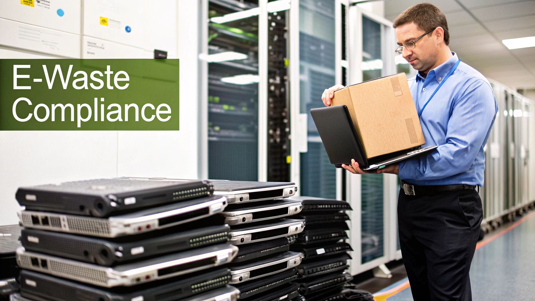 A man in a server room handling electronic devices and a box, with 'E-Waste Compliance' text overlay.