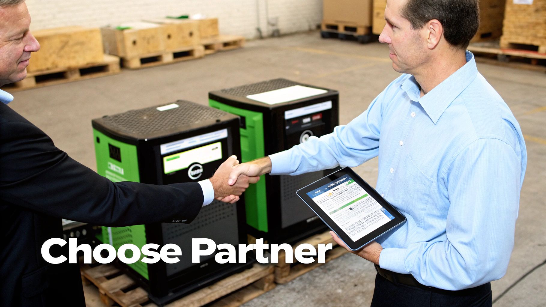 Two business professionals shaking hands in warehouse with electronic equipment and tablet device