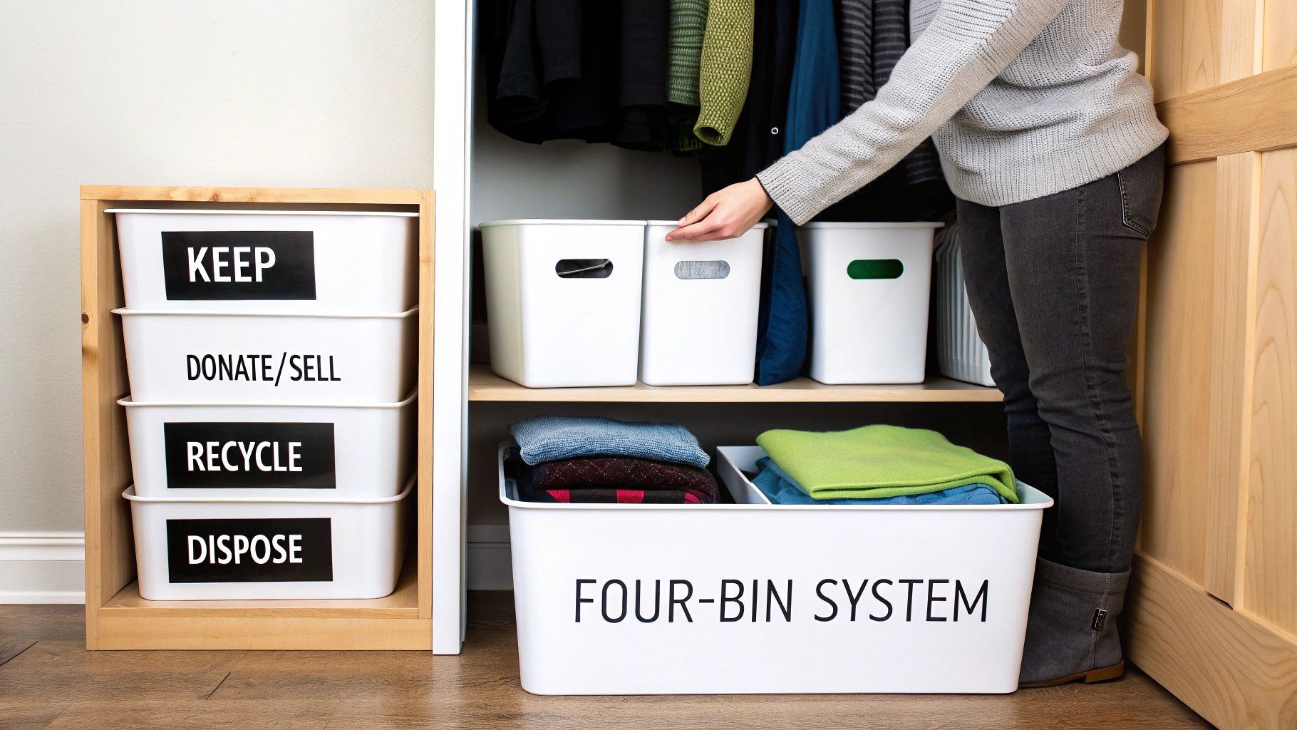A person organizing clothes in a closet using a four-bin system for sorting items.
